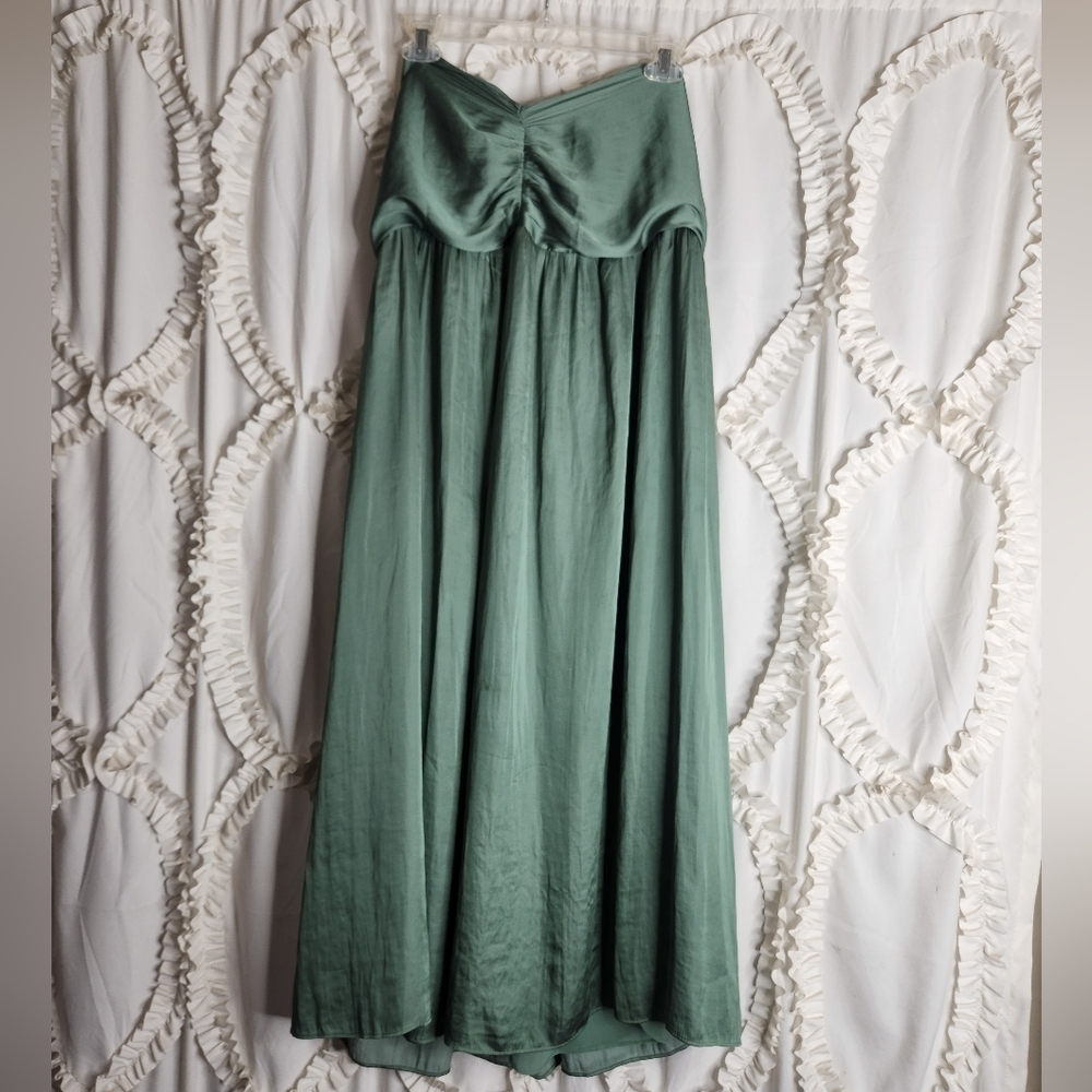 Anthropologie Strapless Green Satin Slit Midi Dress Current Air sz XS